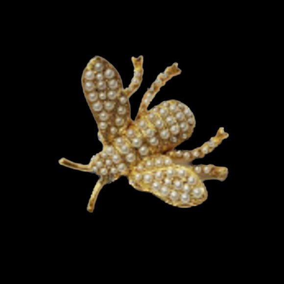 Vintage KJL Kenneth Jay Lane Rhinestone QUEEN BEE Bug Pin  KENNETH JAY LANE, BEE PIN, PEARL BEADS, LIGHT ANTIQUE GOLD